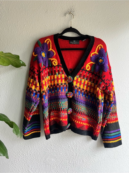 Carole Little Sweaters - Vintage Carole Little rainbow floral shoulder chunky cardigan